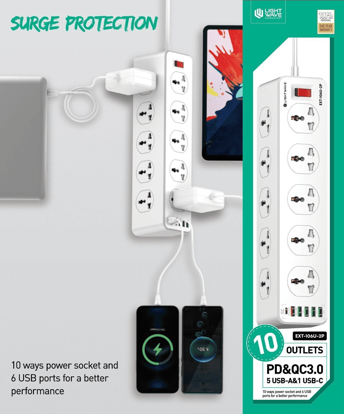 Lightwave 10 Way Surge Protection Extension Socket - Image 2
