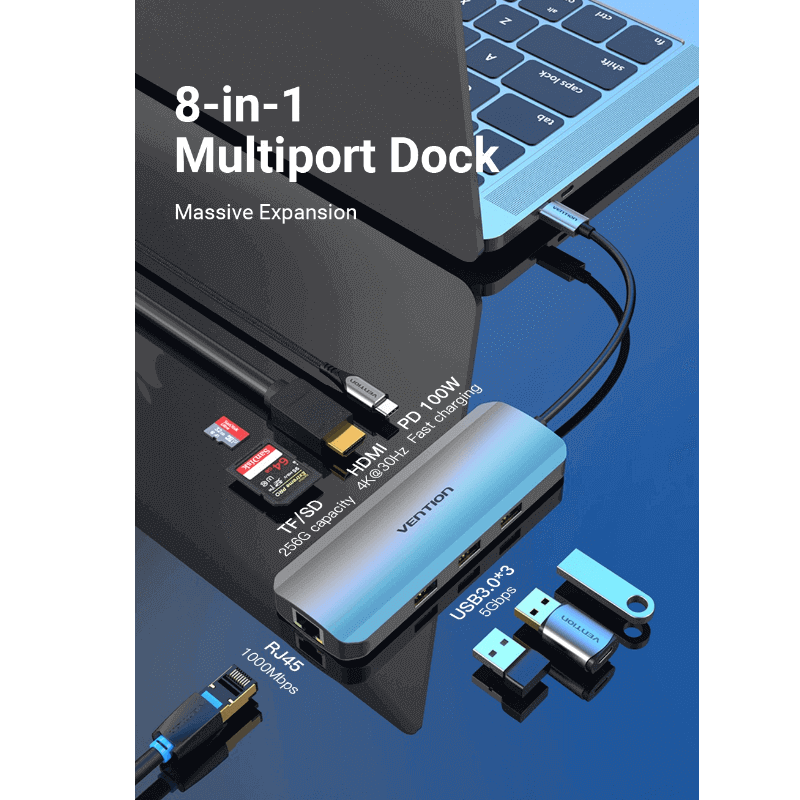 Vention USB-C Multi-Functional 8 in 1 Docking Station-TOKHB - Image 2